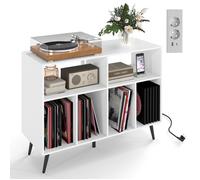 COSTWAY Support de Stockage de Disques Vinyles avec Station de Charge, 5 Pieds en Métal, Étagères de Rangement, Blanc