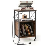 Costway Support De Stockage De Disques Vinyles Avec Station De Charge Intégrée, 2 Ac, 1 Usb Et 1 Type-C, Pieds En Métal, Marron Marron