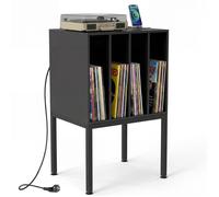 COSTWAY Support de Stockage de Disques Vinyles - Prise, 4 Compartiments, Pieds Métalliques Surélevés pour Salon, Chambre, Salle