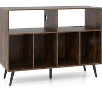 COSTWAY Support de tourne-disque avec station de charge, bac à tourne-disque avec étagères de rangement, table de rangement pour disques, y compris 5 pieds métalliques, brun