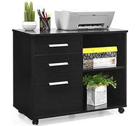 COSTWAY Support d'Imprimante Mobile avec 3 Tiroirs et 2 Compartiments, Caisson de Bureau à 4 roulettes avec Barre de Suspension pour A4/Lettre/Document, 81 x 41 x 66 cm (M | Noir)