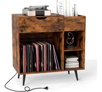 COSTWAY Support pour platine vinyle, armoire à disques avec prise électrique & USB & Type C, armoire à disques avec tiroir & compartiment ouvert, support pour platine vinyle