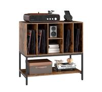 COSTWAY Support Tourne-Disque avec Prise, Étagères, 6 Compartiments, CD/Album/Disque pour Salon, Chambre, 80x45x79,5cm Marron