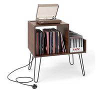 COSTWAY Support Tourne-Disque avec Prise, Meuble Tourne-Disque Vinyle pour 145 Albums, Station de Charge, 2 Ports USB, 4 Pieds Amovibles, 3 Séparateurs, Étagère sur Table(Noyer)