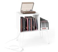 COSTWAY Support Tourne-Disque avec Prise, Meuble Tourne-Disque Vinyle pour 145 Albums, Station de Charge, 2 Ports USB, 4 Pieds Amovibles, 3 Séparateurs, Étagère sur Table(Blanc)