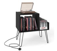 COSTWAY Support Tourne-Disque avec Prise, Meuble Tourne-Disque Vinyle pour 145 Albums, Station de Charge, 2 Ports USB, 4 Pieds Amovibles, 3 Séparateurs, Étagère sur Table (Noir)