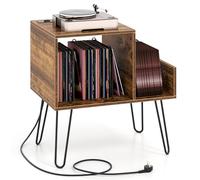 COSTWAY Support Tourne-disque avec Prise, Meuble Tourne-Disque Vinyle pour 145 Albums, Station de Charge, 2 Ports USB, 4 Pieds Amovibles, 3 Séparateurs, Étagère sur Table (Marron)
