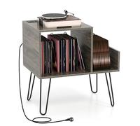 COSTWAY Support Tourne-disque avec Prise, Meuble Tourne-Disque Vinyle pour 145 Albums, Station de Charge, 2 Ports USB, 4 Pieds Amovibles, 3 Séparateurs, Étagère sur Table (Gris)