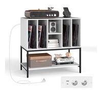 COSTWAY Support Tourne-Disque avec Prise, Rangement Platine Vinyle avec Étagères, 6 Compartiments, Rangement CD/Album/Disque, Meuble Bibliothèque pour Manga (Blanc)