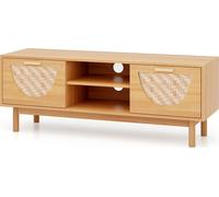 COSTWAY Support TV pour téléviseur jusqu'à 55 pouces, table console média moderne avec étagères ouvertes & tiroirs en bambou tressé, ainsi que pieds en bois massif naturel