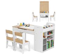 Costway Table 3 En 1 Et 2 Chaises Enfants -Rouleau De Papier -Plateau Rabattable - Étagères -Bacs En Tissu-8 Pots De Peinture Multicolore