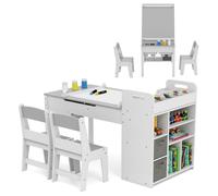 COSTWAY Table 3 en 1 et 2 Chaises Enfants -Rouleau de Papier -Plateau Rabattable - Étagères -Bacs en Tissu-8 Pots de Peinture Gris