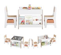 COSTWAY Table 4 en 1 et 2 Chaises Enfants - Plateaux Réversibles Double Face & Bibliothèques Latérales Tiroirs en Tissu Orange