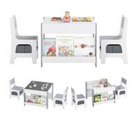 COSTWAY Table 4 en 1 et 2 Chaises Enfants - Plateaux Réversibles Double Face & Bibliothèques Latérales Tiroirs en Tissu Gris