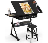 COSTWAY Table à dessin réglable en hauteur, bureau avec plateau inclinable, 2 tiroirs & tabouret