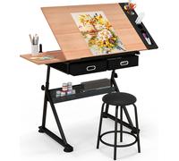 COSTWAY Table à dessin réglable en hauteur, bureau avec plateau inclinable, 2 tiroirs & tabouret