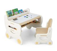 COSTWAY Table à Dessiner pour Enfants avec Chaise & 5 Stylos & Gomme, Bureau Enfant en Forme Mignon avec Espace de Rangement Caché, Charge 30/50kg, pour Enfants de 3-8 Ans (Marron) TP10119FR