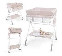 COSTWAY Table à Langer Pliante pour Bébé, Table à Langer Portable Réglable en Hauteur sur 3 Niveaux avec Roulettes Étagère et Panier, Station Organiseur Mobile pour Nouveau-nés (Beige)