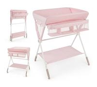 COSTWAY Table à Langer Pliante pour Bébé, Table à Langer Portable Réglable en Hauteur sur 3 Niveaux avec Roulettes Étagère et Panier, Station Organiseur Mobile pour Nouveau-nés (Rose)