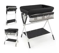COSTWAY Table à Langer Pliante pour Bébé, Table à Langer Portable Réglable en Hauteur sur 3 Niveaux avec Roulettes Étagère et Panier, Station Organiseur Mobile pour Nouveau-nés (Noir)