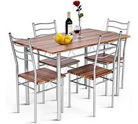COSTWAY Table a Manger avec 4 Chaises Châssis Métal Contemporain, Ensemble 5 Pièces de Table de Salle à Manger pour Cuisine Salon, Montage Facile (Noyer Clair)