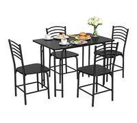 COSTWAY Table à Manger avec 4 Chaises, Ensemble Table et 4 Chaises avec Repose-Pieds, Cadre en Métal, Surface en Faux Marbre, pour Salle à Manger, Cuisine, Salon, Noir