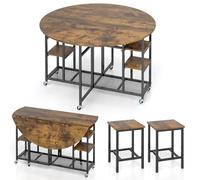 COSTWAY Table a Manger Pliante avec 2 Chaises, Table Cuisine Ronde sur roulettes pour 4-6 Personnes, 2 Rallonges Rabattables, 6 Roues, 2 Tabourets Encastrables, Étagères, 20-120 x 120 x 76 cm