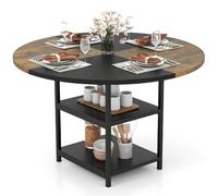 COSTWAY Table à Manger Ronde pour 4-6 Personnes, Table de Cuisine en Bois de 119 cm, Design Bicolore en Blocs, 2 Étagères, Pieds Métalliques, Grande Table pour Salle à Manger