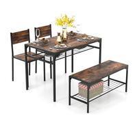 COSTWAY Table avec 2 Chaise Encastrable, Table Cuisine avec Banc, Table à Manger 4 Personnes avec Étagère, Cadre en Métal, pour Salle à Manger, Restaurant, Café, Cuisine(Marron Rustique)
