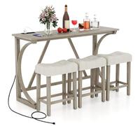 COSTWAY Table Bar avec Tabouret pour 3 Personnes, Table de Cuisine Bois avec Prise, Repose-Pied, Mange Debout avec Tabouret Rembouré, pour Bar, Petite Espace, 150 x 48 x 92 cm, Gris Chêne