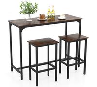 COSTWAY Table Bar avec Tabouret, Table de Cuisine 2 Personnes pour Petit Espace, Repose-Pied, Mange Debout avec Tabouret, Bar Cuisine Étroit 120 x 48 cm, Industriel (Marron Rustique)