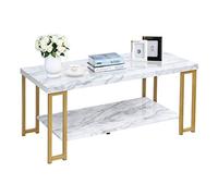 COSTWAY Table Basse à 2 Etages Imprimée Marbre Table à Thé Design Moderne, avec Dessus MDF et Châssis Métallique Peint Or,Convient aux Salle,Salon,Bureau 100x49,5x45cm