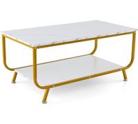 COSTWAY Table basse aspect marbre, table de salon rectangulaire avec étagère inférieure, table basse avec cadre métallique, table basse 105 x 55 x 46,5 cm pour salon, bureau (blanc)
