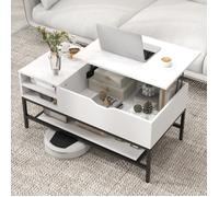 COSTWAY Table Basse avec Plateau Relevable, Compartiment Caché et Etagère de Rangement Amovible, pour Chambre Salon Bureau, Blanc