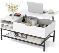 COSTWAY Table basse avec plateau relevable, table de salon avec compartiment de rangement caché et étagère amovible, table de salon et structure métallique blanche