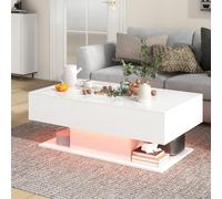 COSTWAY Table Basse Blanche Laquée, Table de Basse avec Tiroirs, 20 Lumières, 22 Modes Dynamiques, Télécommande, Compartiment Caché, Base Épaissie, Finition Brillante (Blanc)