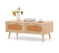 COSTWAY Table Basse Bohème en Bois, Rotin Cannage avec 2 Tiroirs, Compartiment Arrière, Pieds en Bois Massif, Naturel, 100 x 50 x 41 cm