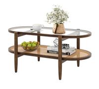COSTWAY Table Basse Bois, Table Basse Salon en Verre, Cadre en Bois Courbé, Design Cannage en Rotin PE, Table de Salon Organique, Ovale, 90x50x45cm
