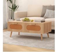 COSTWAY Table Basse - Cannage , 2 Tiroirs, Compartiment Arrière, Pieds en Bois Massif, Style Campagne, Naturel