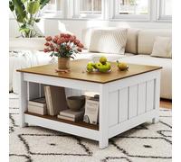 COSTWAY Table Basse Carrée, Table Basse avec Rangement, 80 x 80 x 45 cm, Style Campagne Moderne, Grand Compartiment Central, Design Latte, Charge Max. 160 kg, pour Salon, Salle