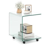 COSTWAY Table Basse en Verre, Table Basse Transparente, Bords Arrondis Lisses, Table d’Appoint Carrée pour Salon, Chambre, sans Assemblage, 45 x 45 x 41 cm, (Transparent,avec Roulette)