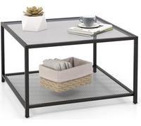 COSTWAY Table basse en verre, table en verre à 2 niveaux, table de salon avec étagère en filet et surface en verre trempé, table basse, table basse pour le salon, 70 x 70 x 45 cm (gris et noir)