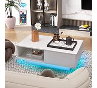 COSTWAY Table Basse Laquée LED 20 Couleurs, Blanche Avec Grand Tiroir et Compartiment, 5 Lumiosités Télécommandées, Moderne Pour Salon, Bureau, Salle, 95 x 55 x 31 cm (Blanc)