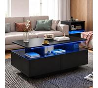 COSTWAY Table Basse LED avec Éclairage, Noir Mat | Table Basse Rectangulaire Moderne avec Télécommande, 3 Étagère Ouverte, 4 Tiroirs Coulissants, pour Salon, Chambre, Bureau