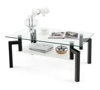 CostwayTable basse transparente en verre trempé à 2 Niveaux Table Basse Salon Moderne Rectangulaire à 4 Pieds en Fer 100 x 60 x 43 cm