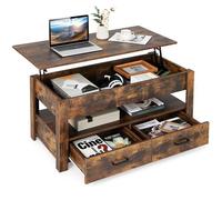 CostwayTable Basse Relevable à 2 Niveaux avec 2 Tiroirs Levage Pneumatique Table de Salon de Style Industriel avec Rangement Caché Brun Rustique