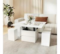 COSTWAY Table Basse Relevable avec 4 Tabourets Cachées, Table Salon Extensible 3 en 1 avec Rangement, Compartiment Caché, Tiroir,pour 4-8 Personnes, Noir/Blanc (Blanc)