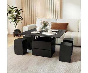 COSTWAY Table Basse Relevable avec 4 Tabourets Cachées, Table Salon Extensible 3 en 1 avec Rangement, Compartiment Caché, Tiroir,pour 4-8 Personnes, Noir/Blanc (Noir)