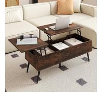 COSTWAY Table Basse Relevable, Table Basse Salon avec 2 Compartiments Cachés, 5 Pieds en Métal Robuste, Levage à Vérin à Gaz, pour Salon, Bureau, 111 x 48 x 40-53,5 cm (Marron Rustique)