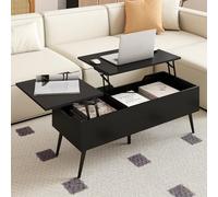 COSTWAY Table Basse Relevable, Table Basse Salon avec 2 Compartiments Cachés, 5 Pieds en Métal Robuste, Levage à Vérin à Gaz, pour Salon, Bureau, 111 x 48 x 40-53,5 cm (Noir)